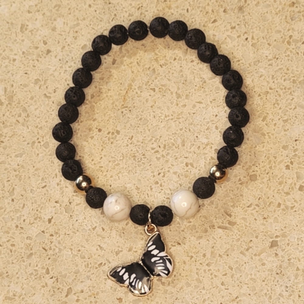🤍3/$30 Howlite Stone Butterfly Lava Bead Handmade Bracelet - Picture 4 of 5